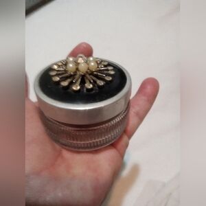 Vtg Glass Perfume Cosmetic Vanity Ribbed Jar Black & Silver Tone w Added‎ Decor